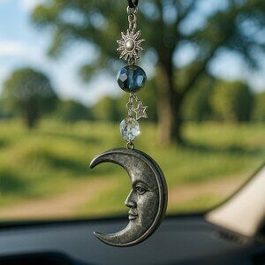 Celestial Moon Suncatcher with Crystals & Blue Glass Beads